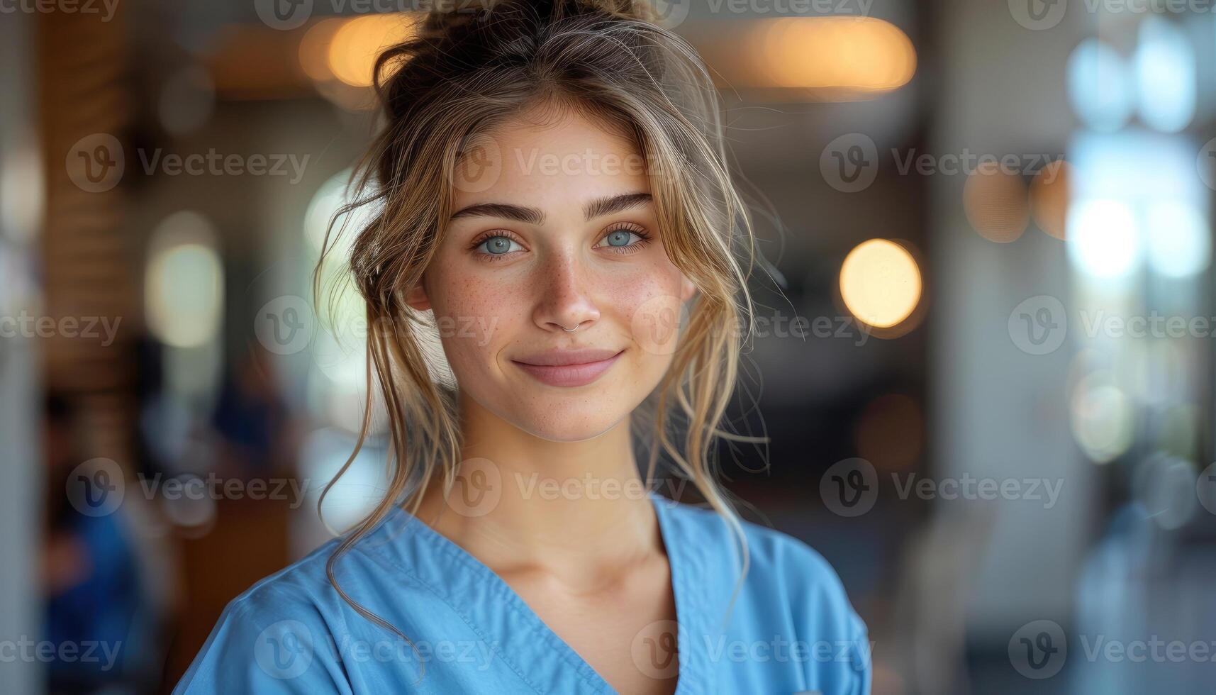 Young Woman with Freckles in Blue Scrubs Smiling photo