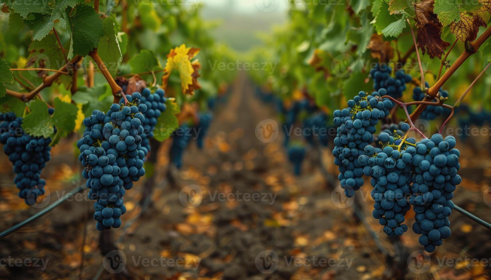 Ripe Dark Grapes Hanging On Autumn Vineyard Vines photo