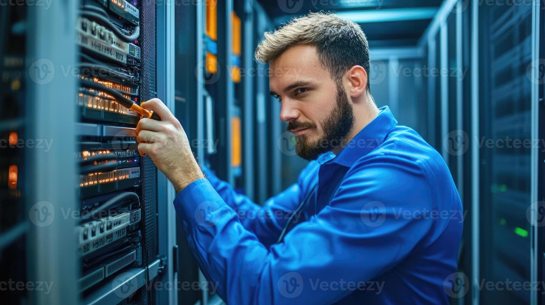 Technician working on server rack maintenance in a data center photo