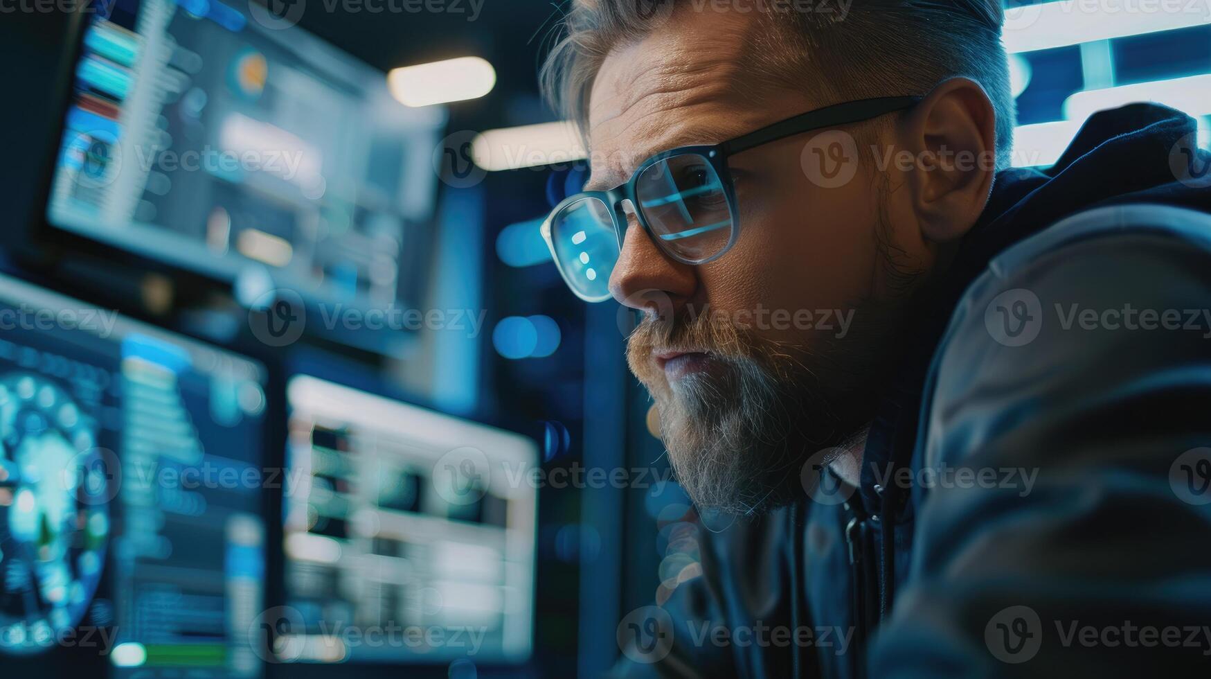 Bearded Man Concentrates on Computer Screens Data Analysis photo