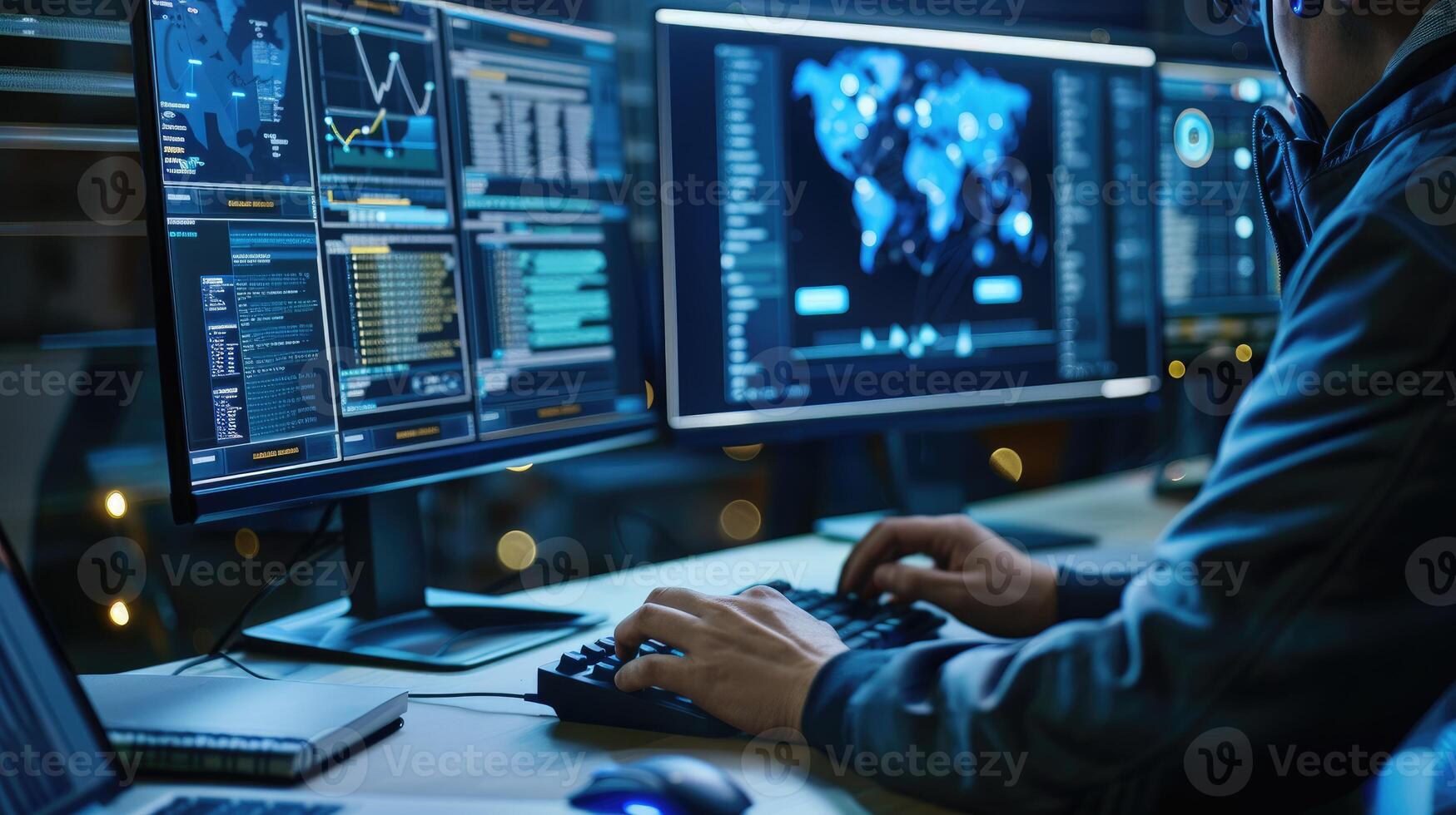 Cybersecurity Analyst Working Late On Multiple Monitors photo