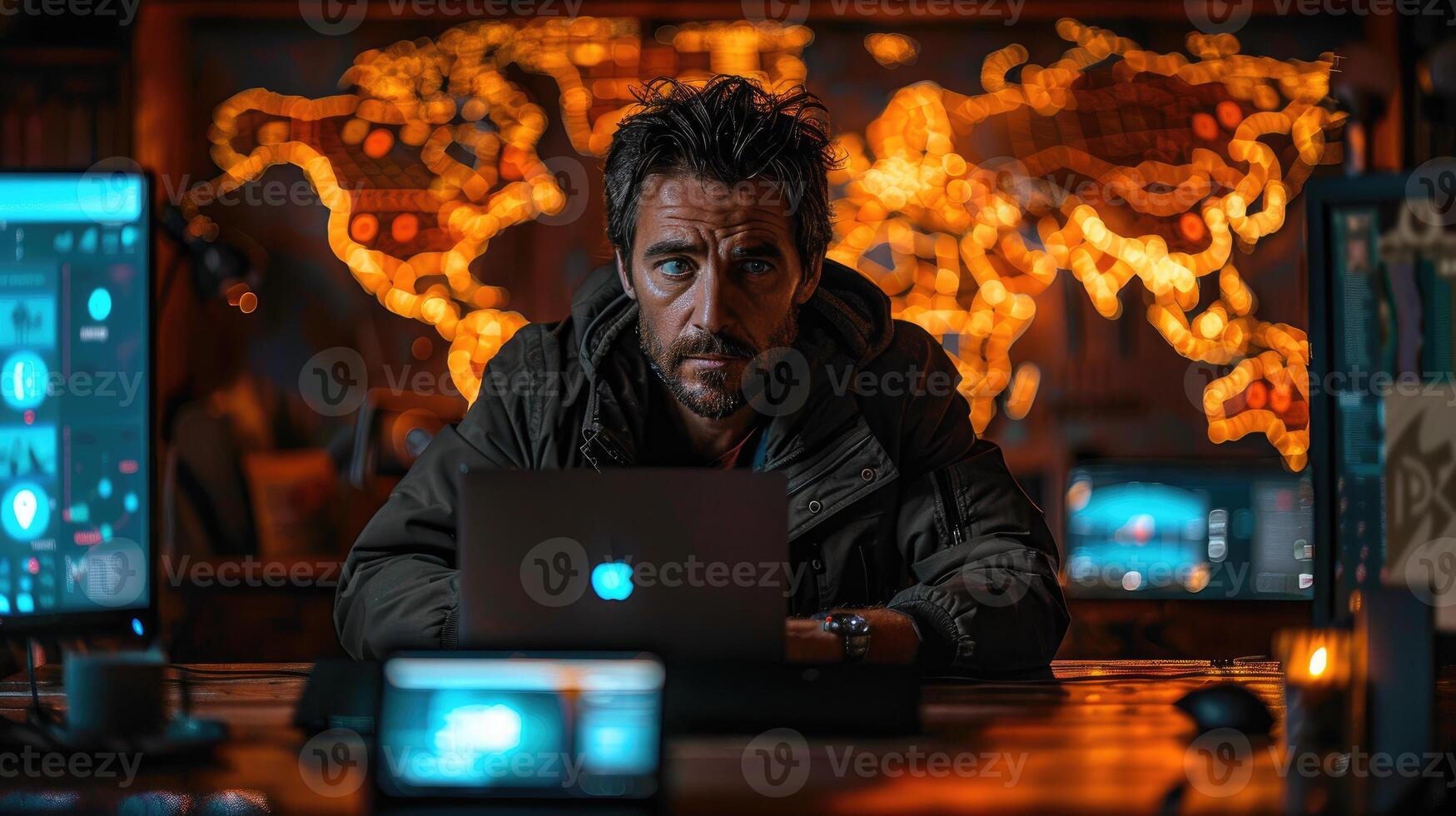 Man Working Late on Laptop with World Map Background photo