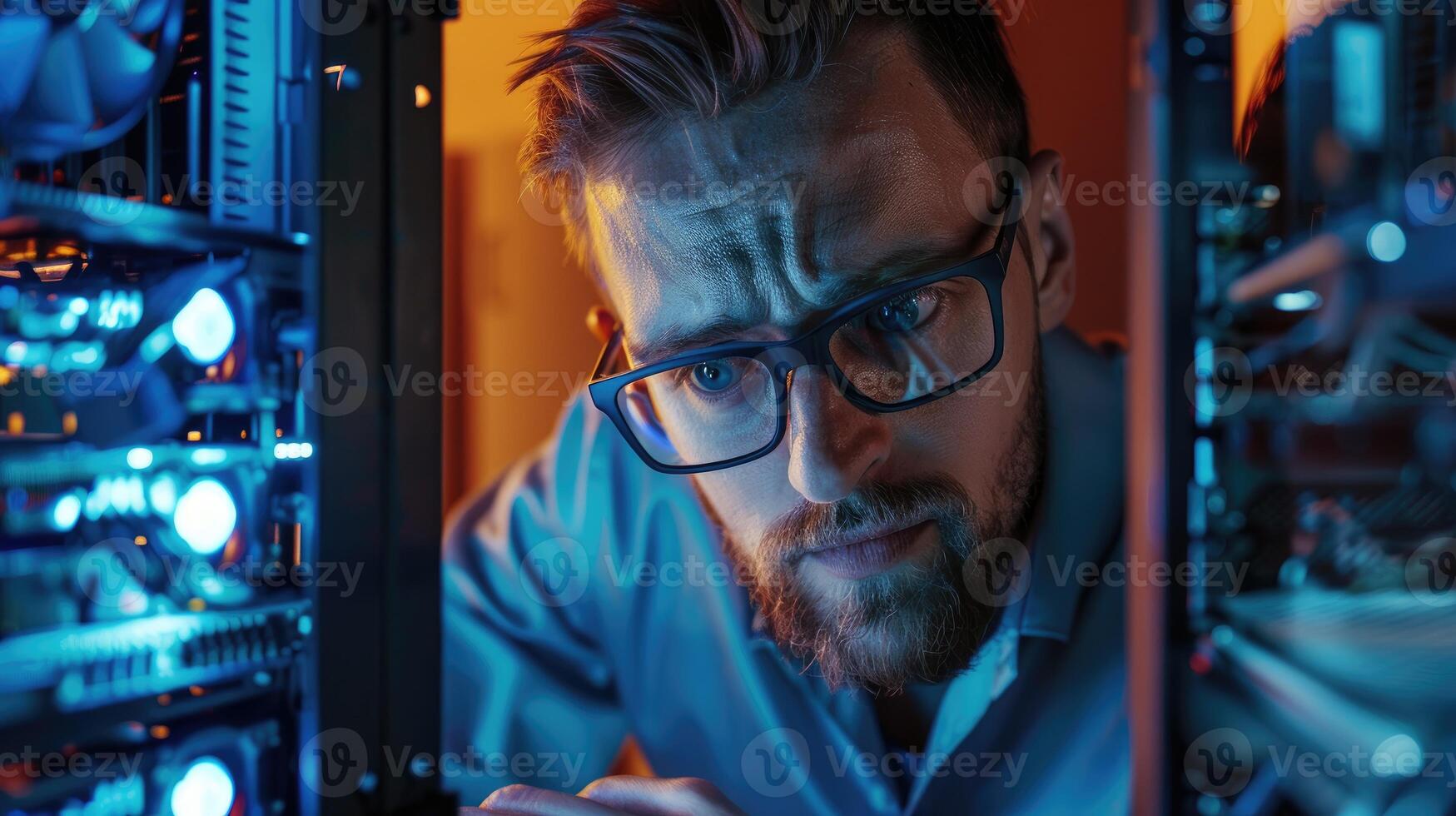 Man meticulously working on computer hardware components photo