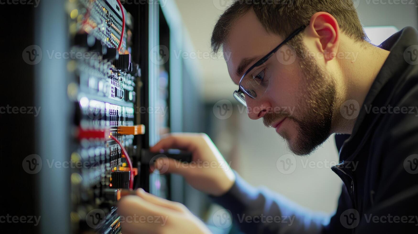 Technician carefully working on complex computer hardware photo