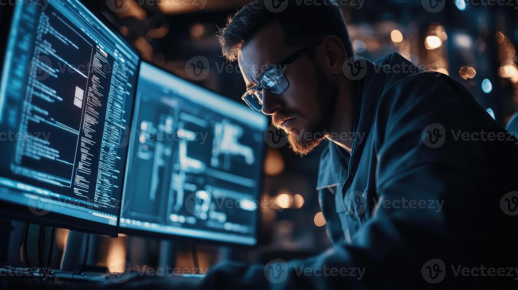 Programmer Working Late On Computer Code photo