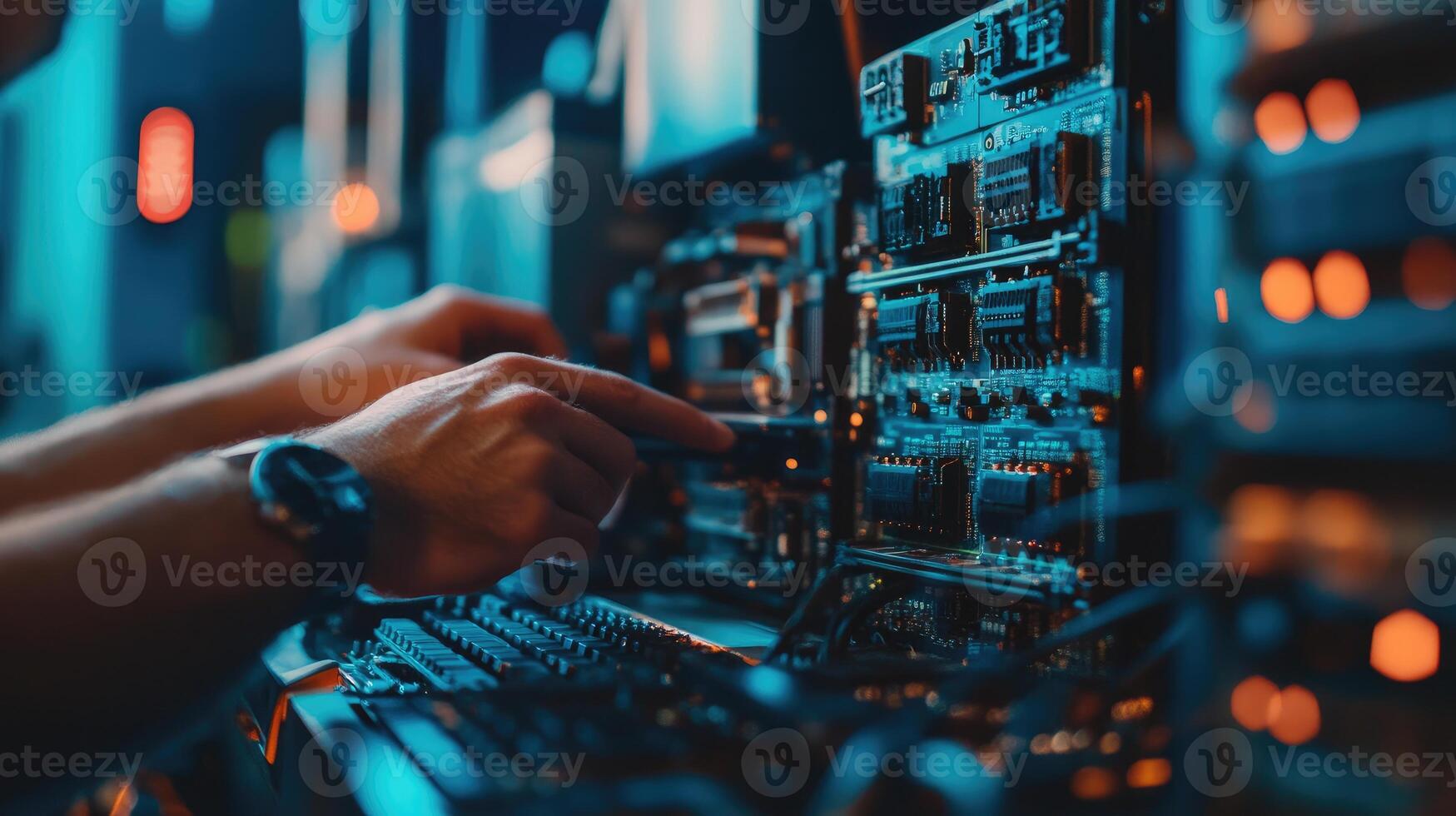 Hands Working on Complex Computer Circuitry photo