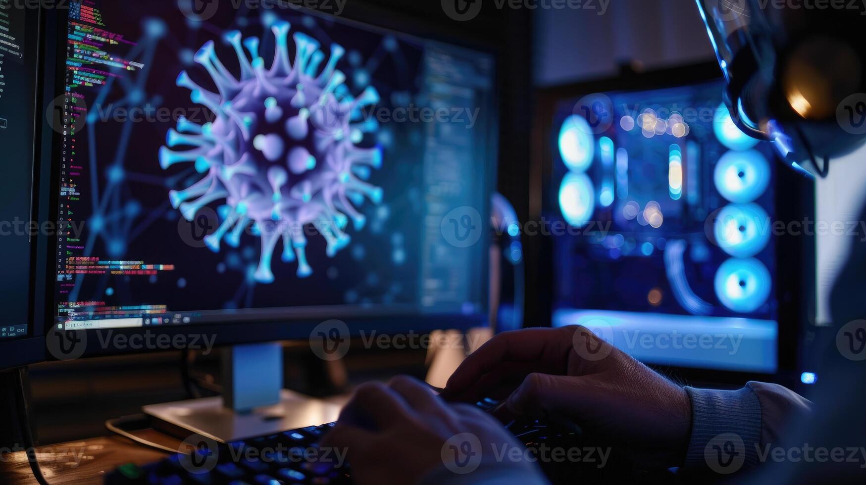 A programmer works late coding a virus simulation photo