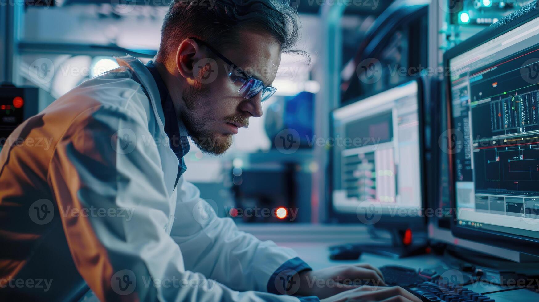 Scientist Working Late in a Technological Laboratory photo