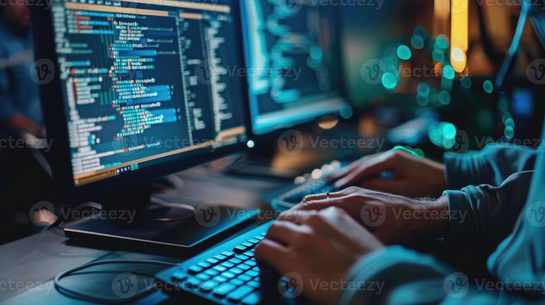 Programmer coding late at night on multiple computer screens photo