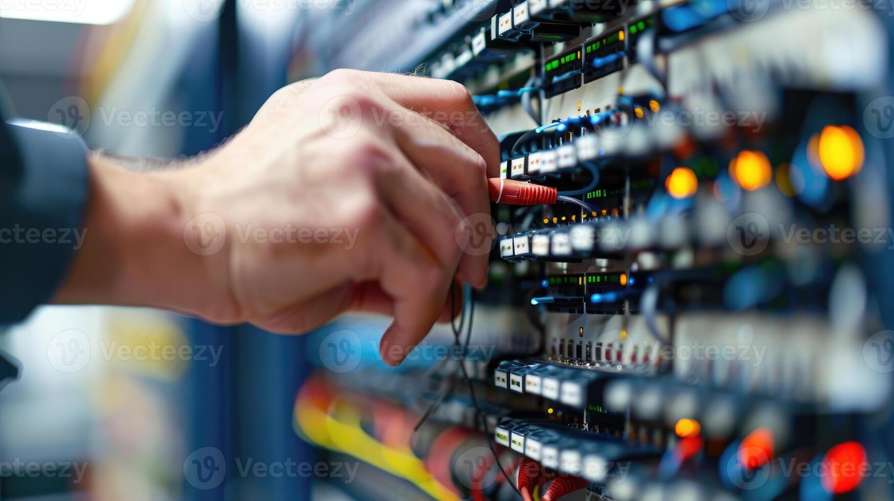 Technician Hand Connecting Network Cable In Server Rack photo