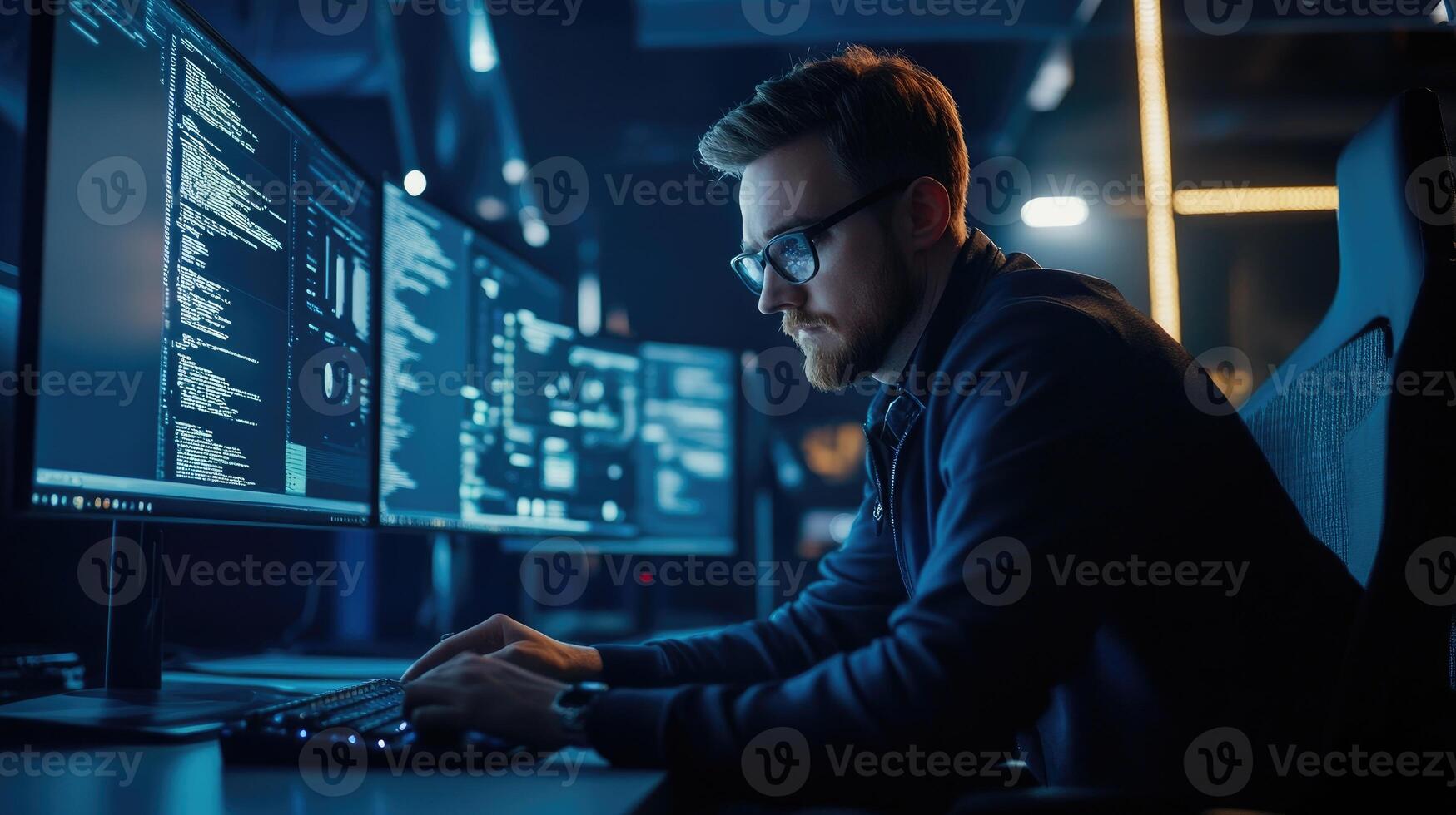 Programmer Working Late at Night Coding on Multiple Monitors photo