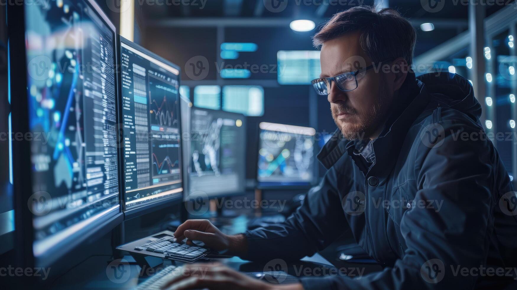 Man intently works late at night analyzing data on multiple computer screens photo