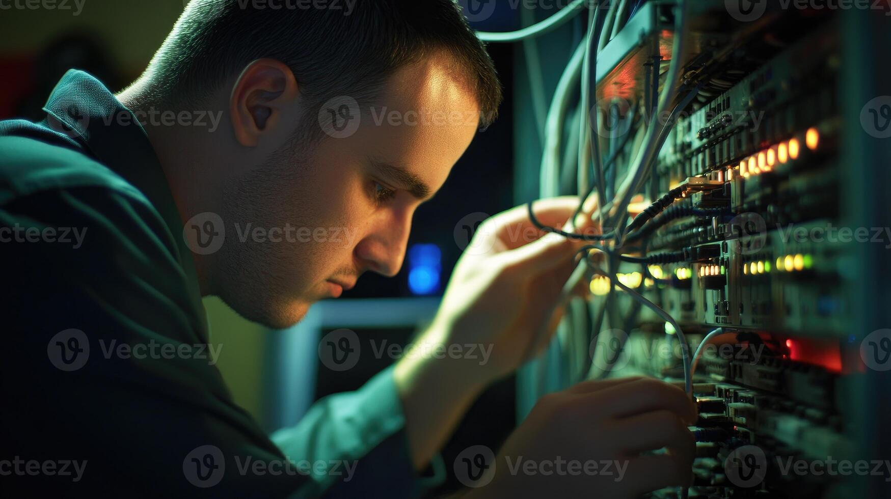 Technician working diligently on server network cables photo