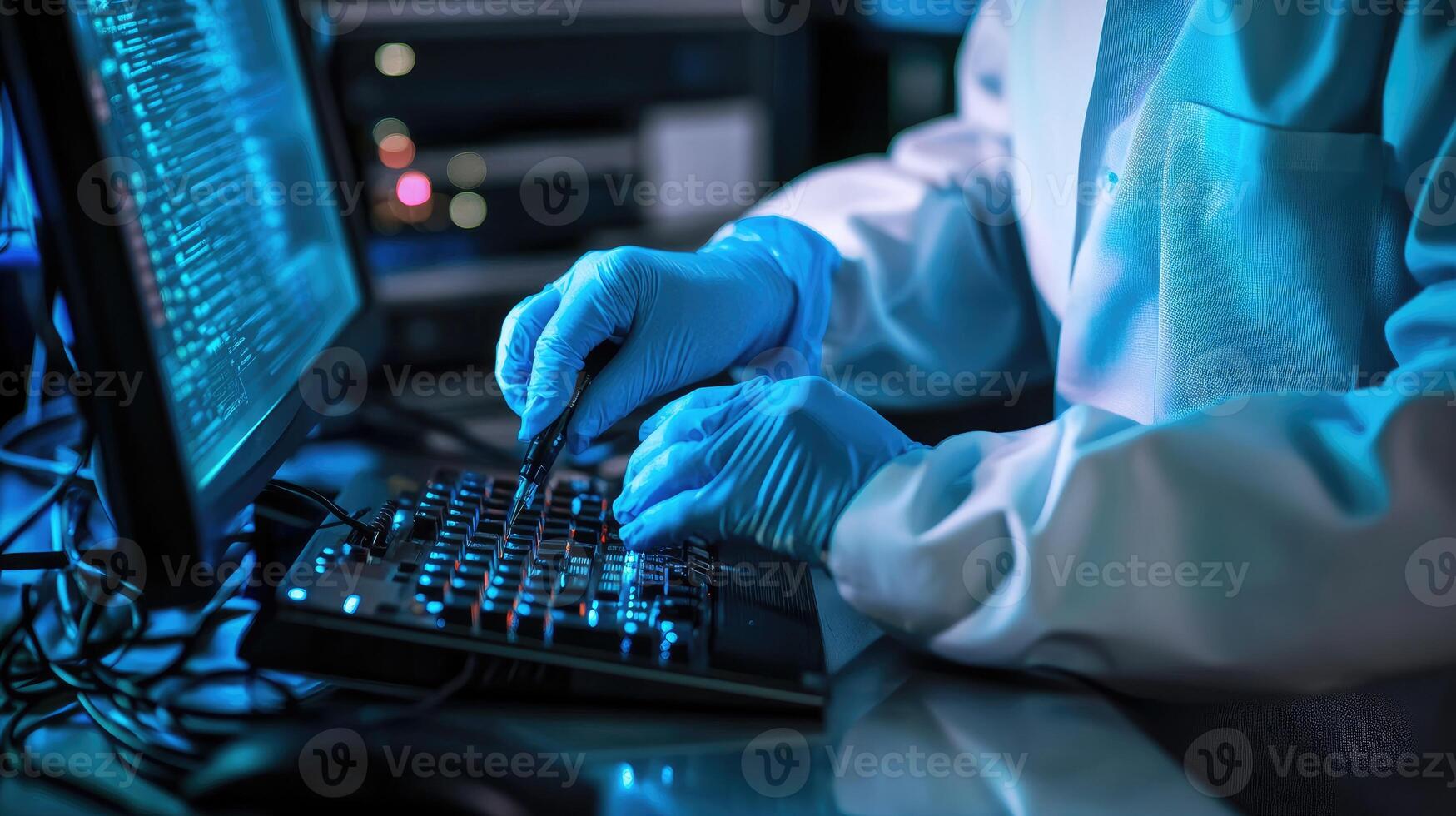 Scientist in Lab Coat Uses Computer Keyboard photo