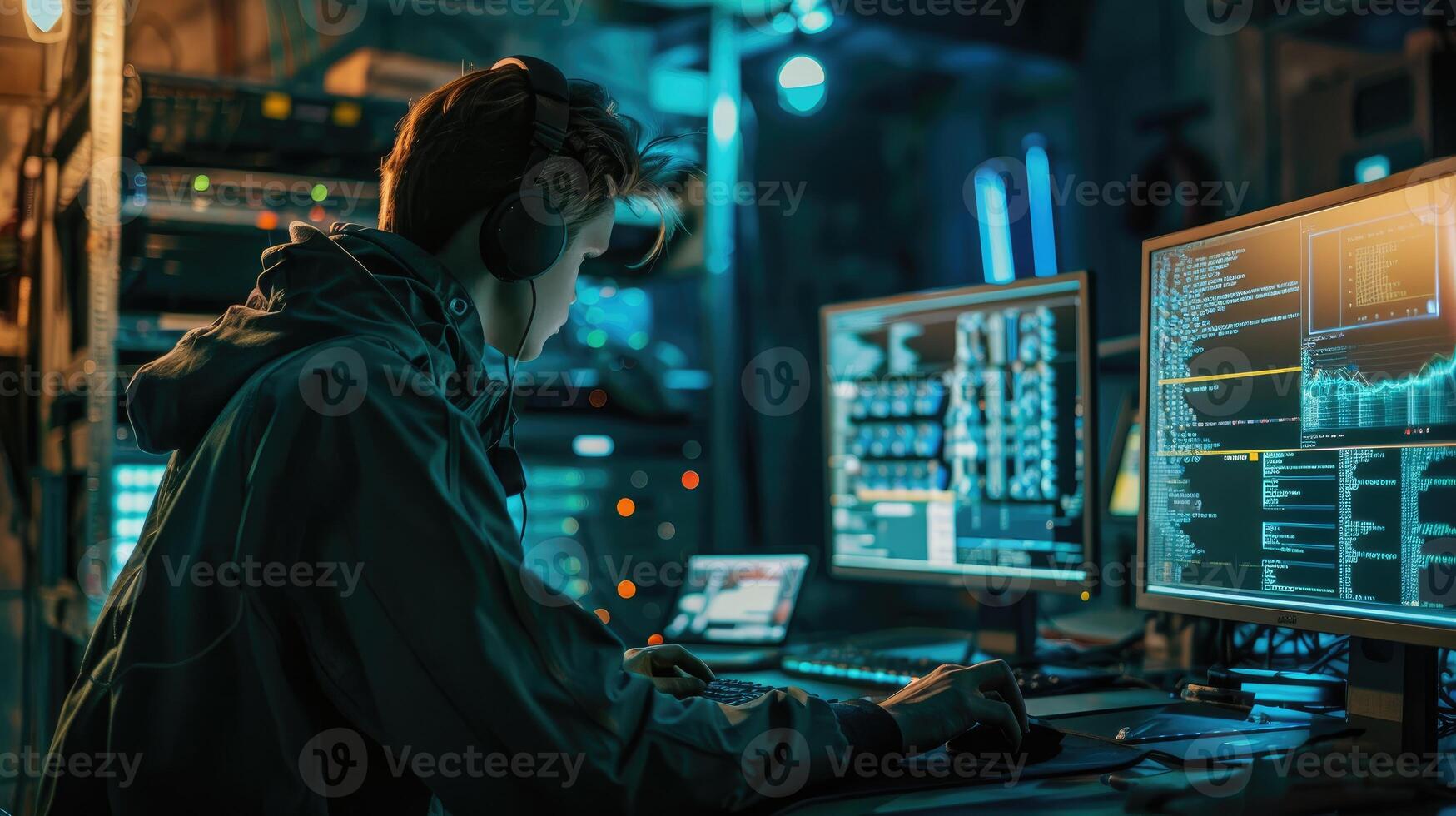Young Hacker Works Late Coding In Dark Room photo