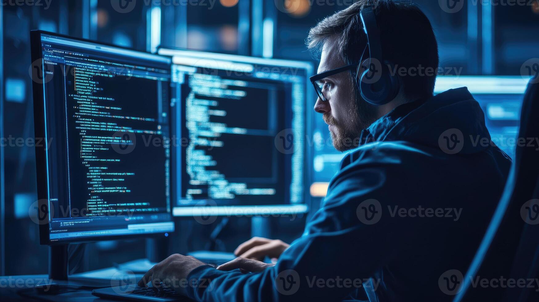 Programmer Working Late Night Coding on Multiple Screens photo