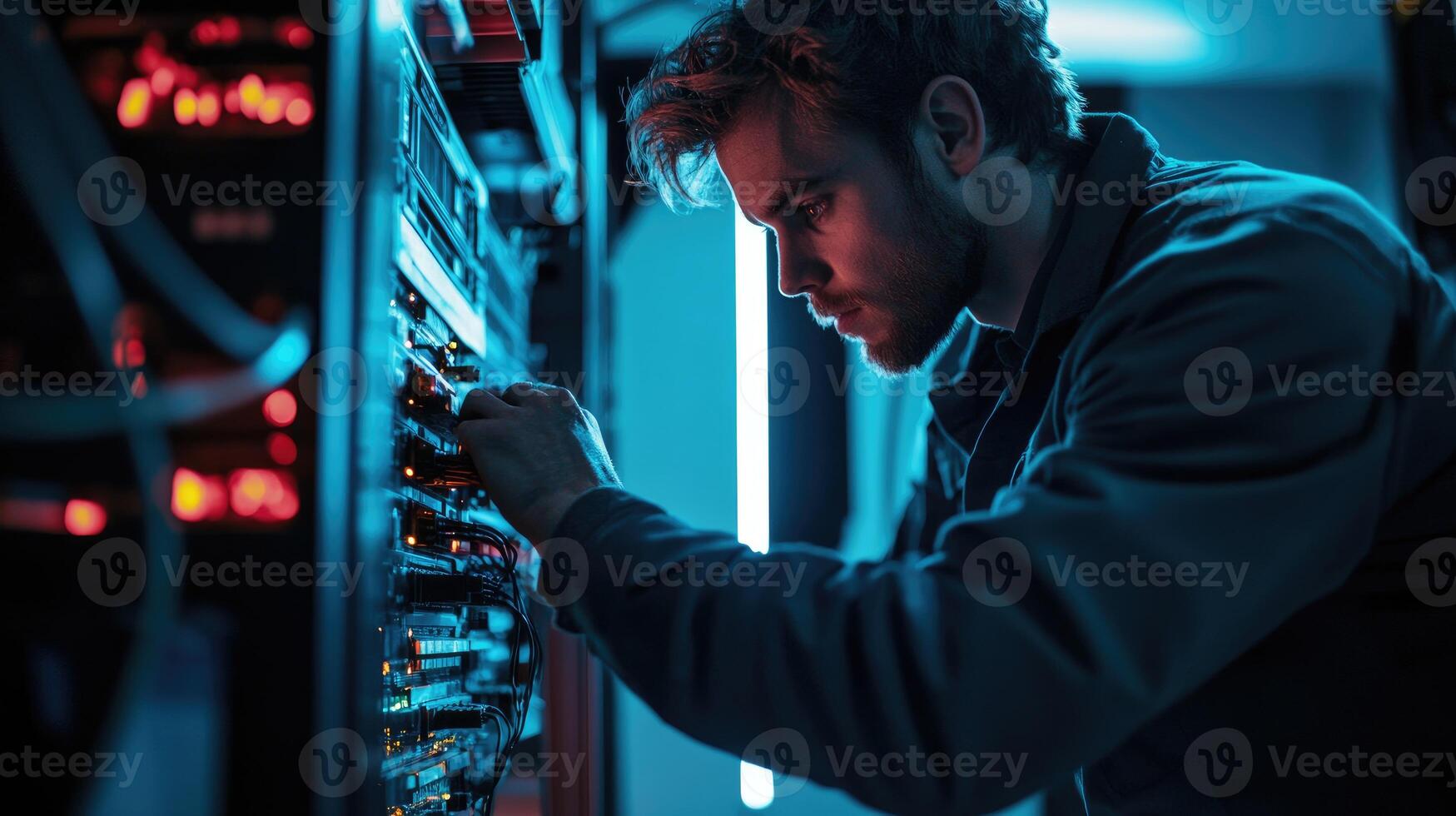 Technician working diligently on server maintenance in a data center photo