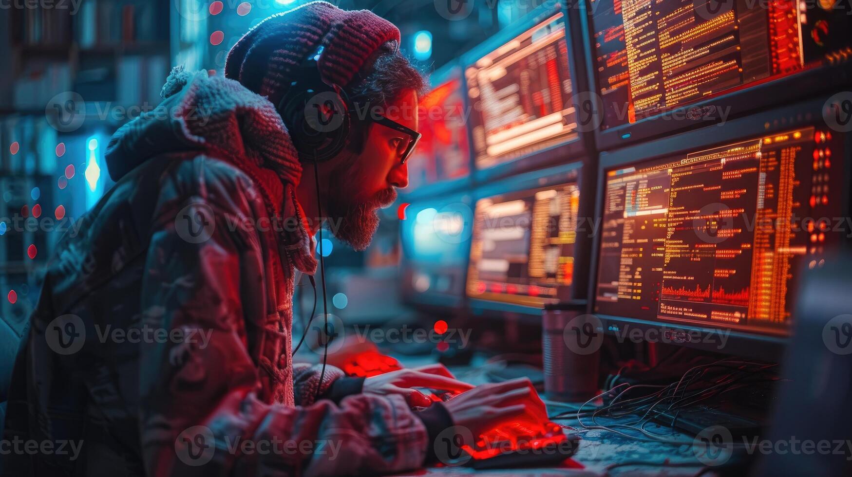 Hacker Works Late at Night on Multiple Monitors photo
