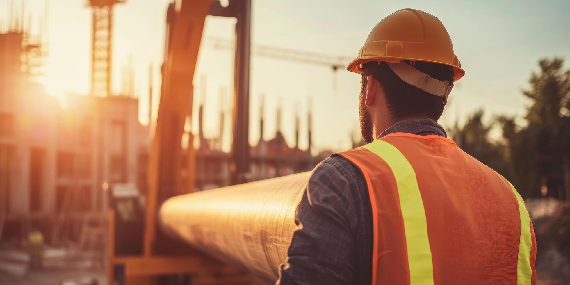 Construction Worker Overseeing Pipe Installation at Sunset on a Job Site photo