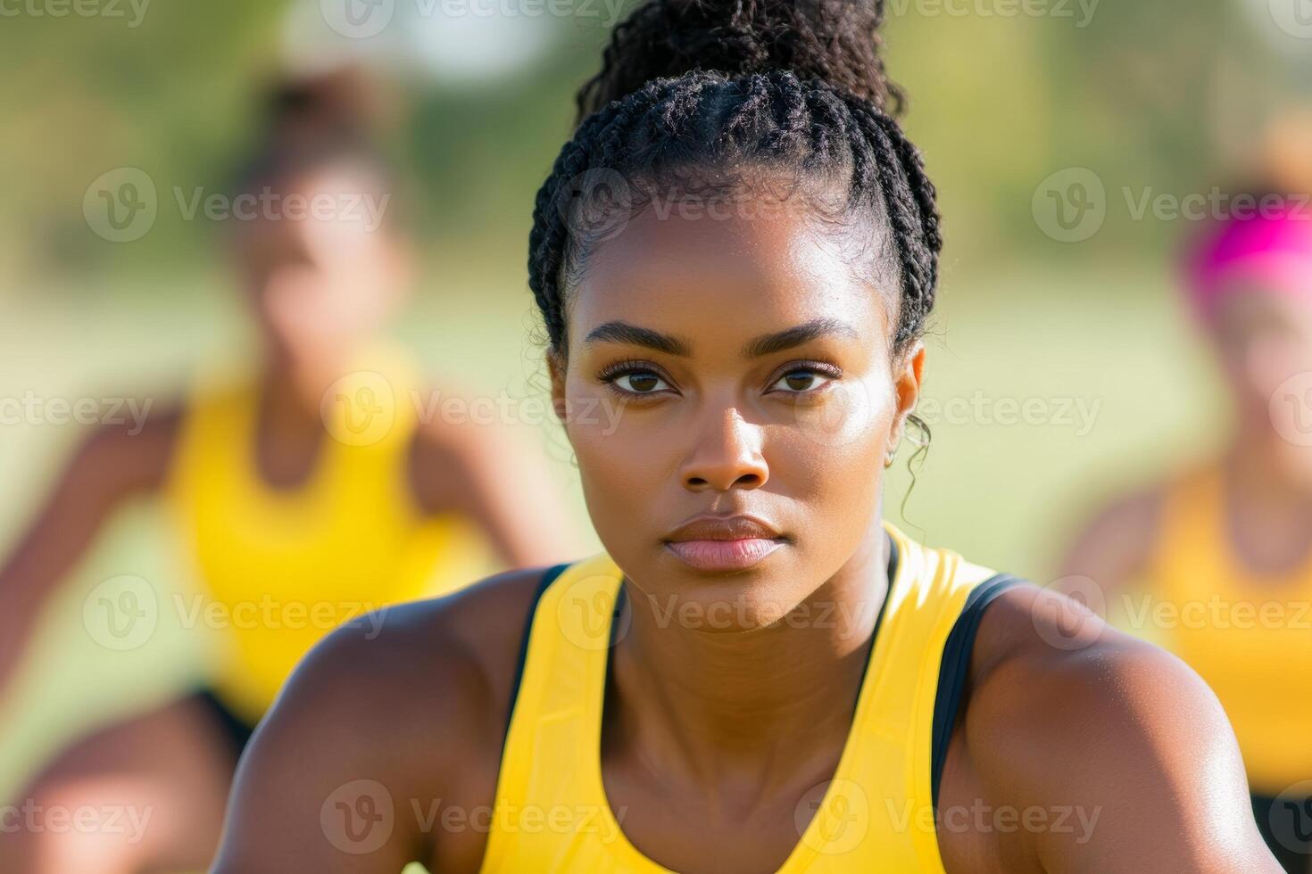 Focused Athlete Ready for Sprint in Outdoor Track Session with Team photo