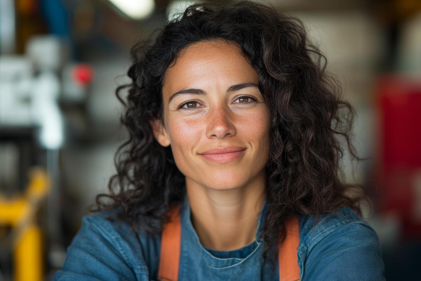 Confident Young Woman with Curly Hair Smiling in Industrial Workshop Environment photo
