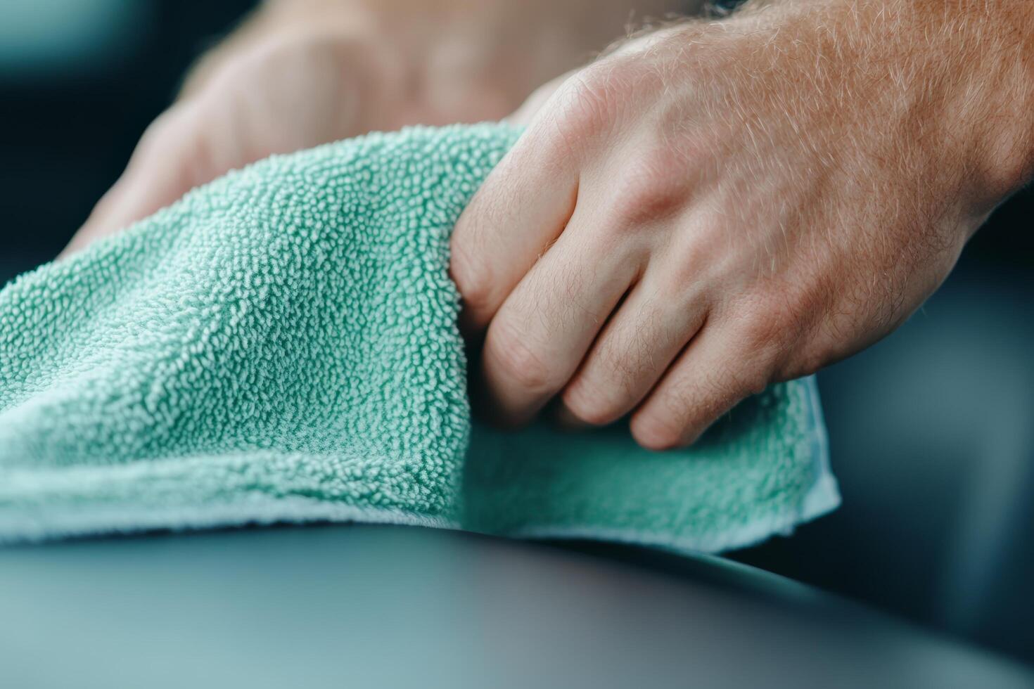 Close up of Hands Holding Green Cloth for Cleaning or Detailing photo
