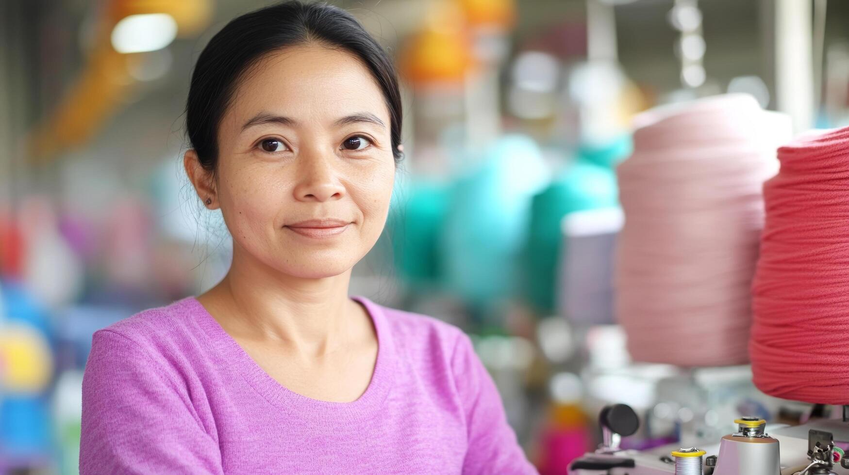 Confident Seamstress in Vibrant Knitwear Factory Environment photo