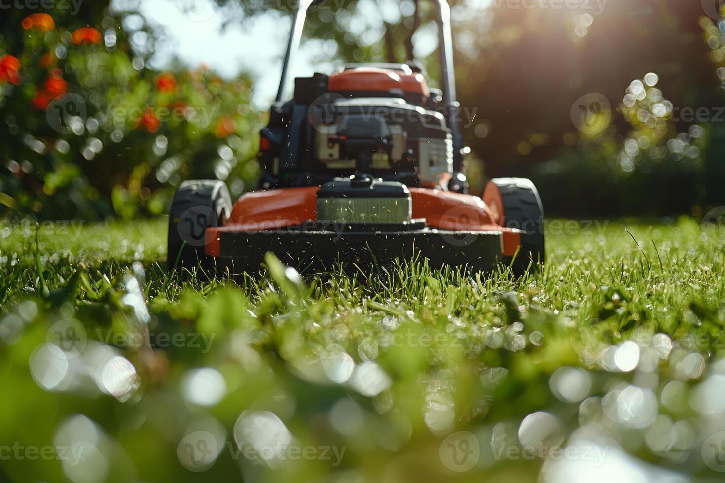 A close-up view of a lawnmower on freshly cut grass in a vibrant garden during a sunny afternoon photo