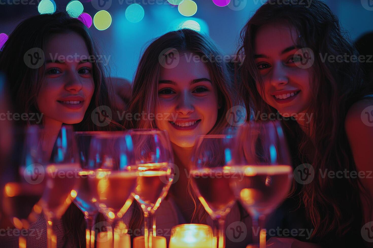 Three friends enjoying a joyful evening with drinks and candles at a vibrant party, illuminated by colorful lights photo