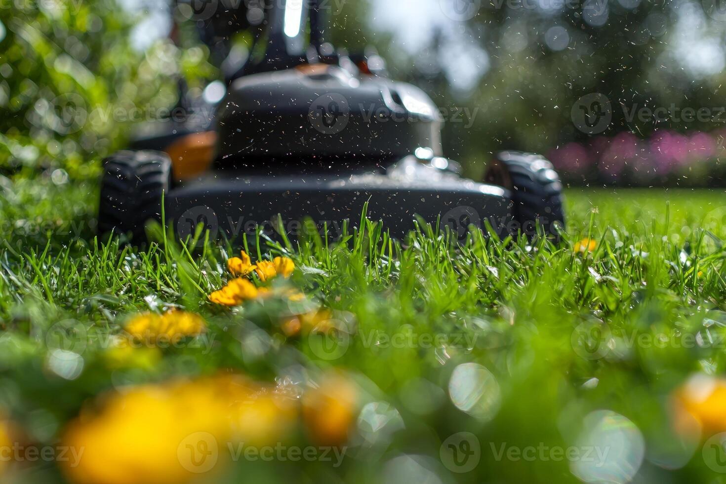 A lawn mower operates diligently, trimming lush green grass and creating a neat landscape, with bright yellow flowers capturing the beauty of the garden in afternoon sunlight. photo