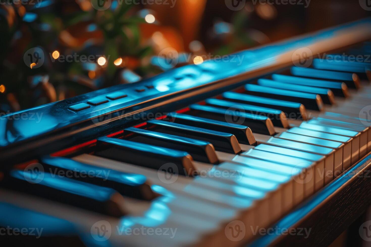 A close-up view of piano keys illuminated by soft lighting in a cozy room during the evening hours photo