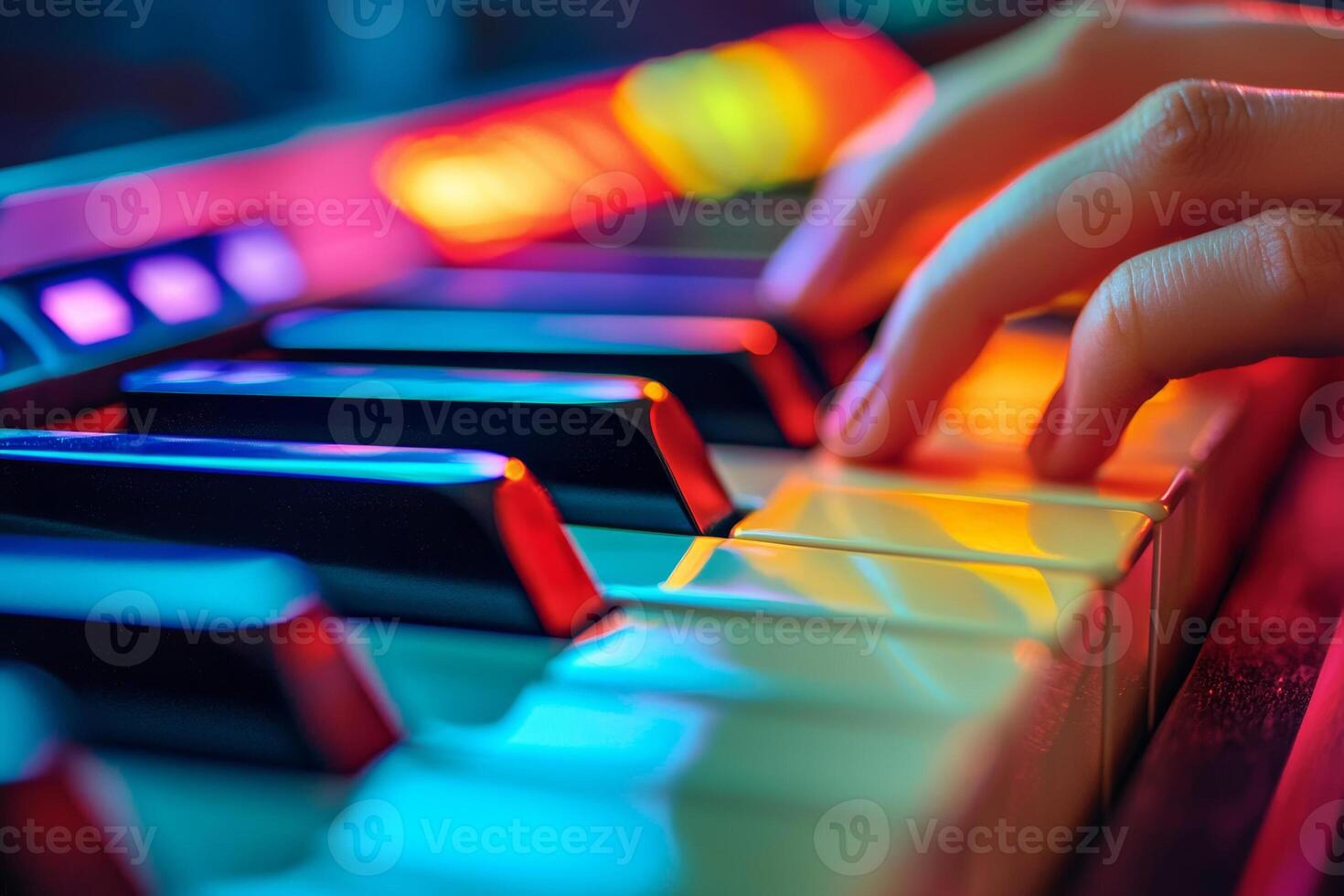 A close-up of a hand playing colorful keys on a digital piano during a vibrant music session at night photo