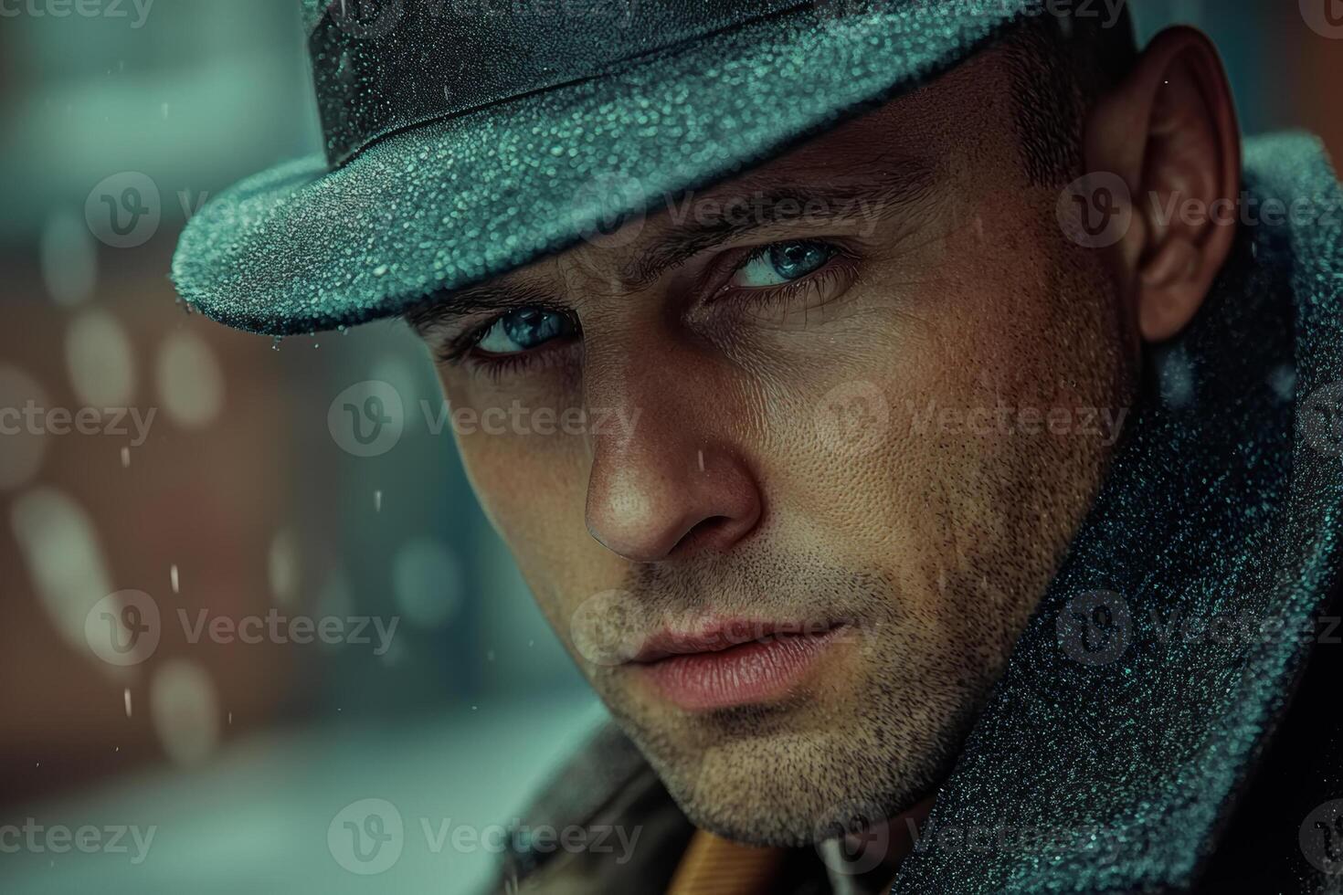 Man wearing a hat in a snowy urban setting, gazing thoughtfully while snowflakes gently fall in a cold winter atmosphere photo