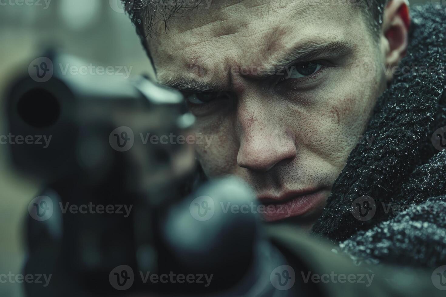 A tense moment unfolds as a focused man aims a handgun in a gritty, atmospheric setting filled with shadows and suspense photo