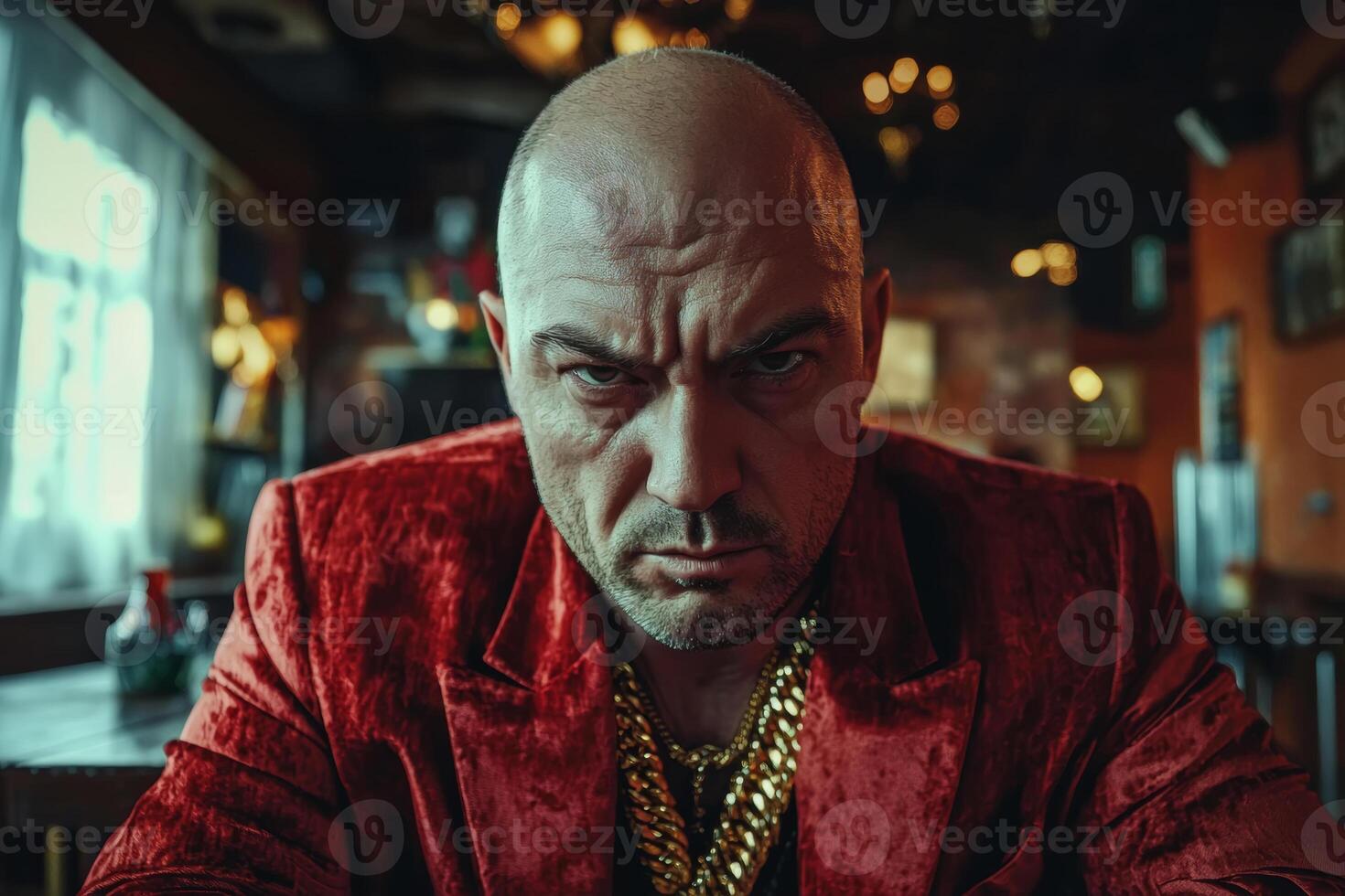 Intriguing portrait of a man in a red suit with a serious expression, captured in a dimly lit bar setting in the evening. Russian mafia photo