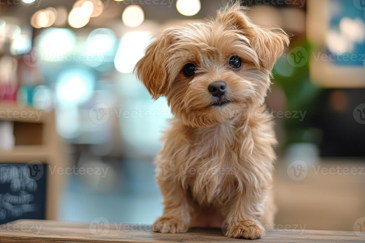 A small fluffy dog stands on a wooden table in a well-lit indoor space, showcasing its adorable features and playful demeanor photo