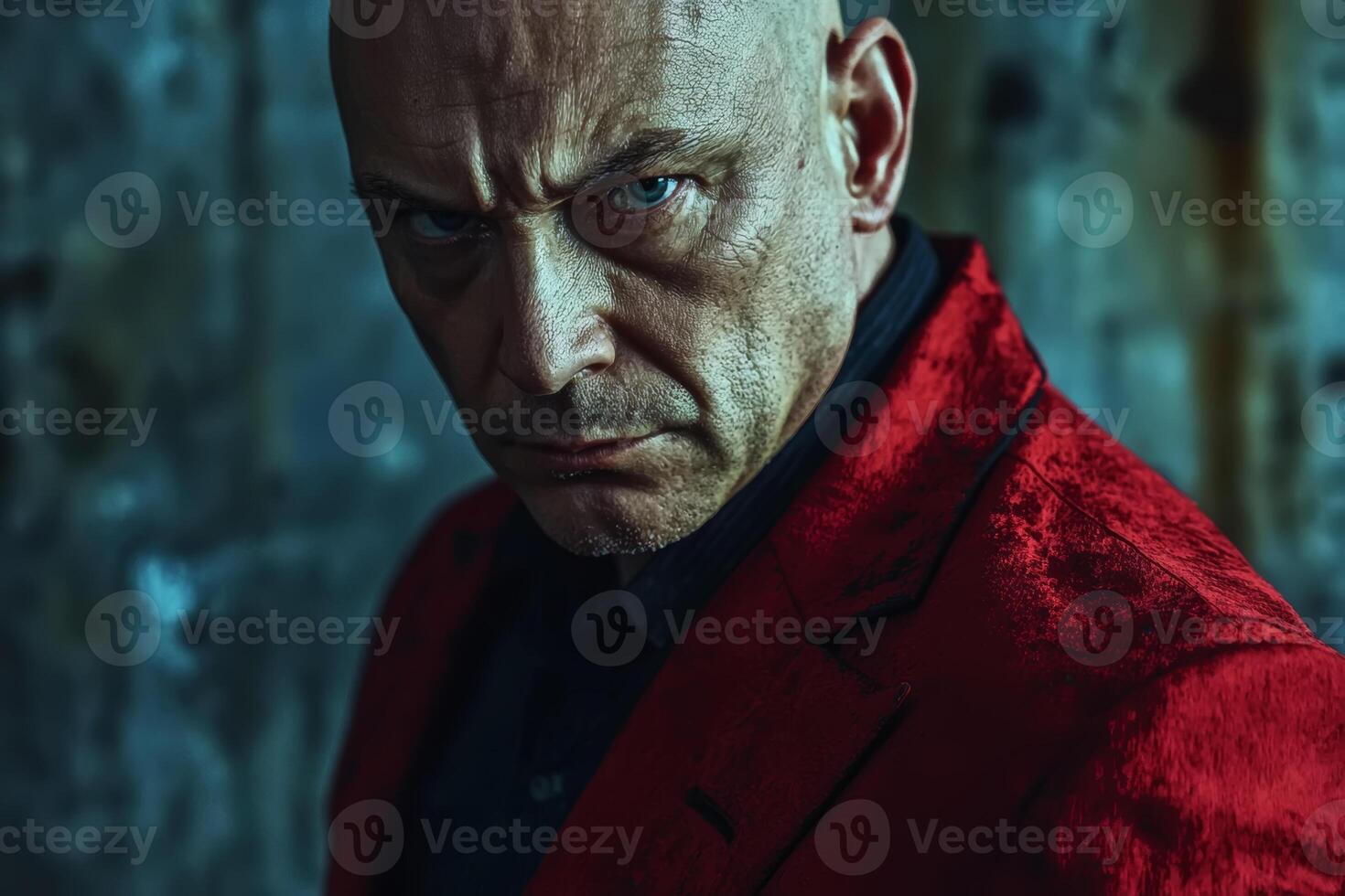 Russian mafia, man in a striking red jacket poses intensely against an urban backdrop, showcasing a confident demeanor in an industrial setting photo