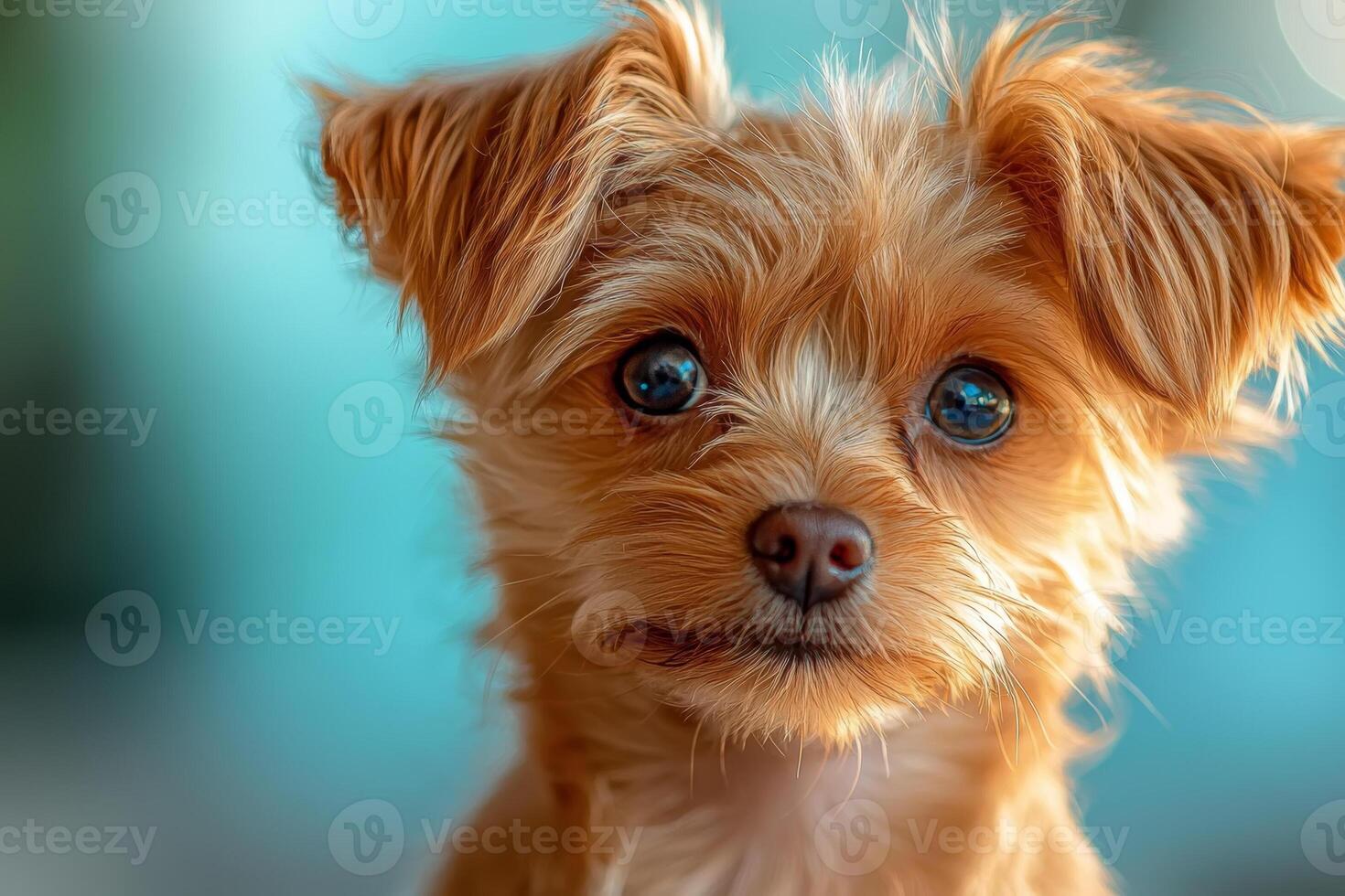 Cute small brown puppy with fluffy ears sitting attentively in a bright indoor space during daylight photo