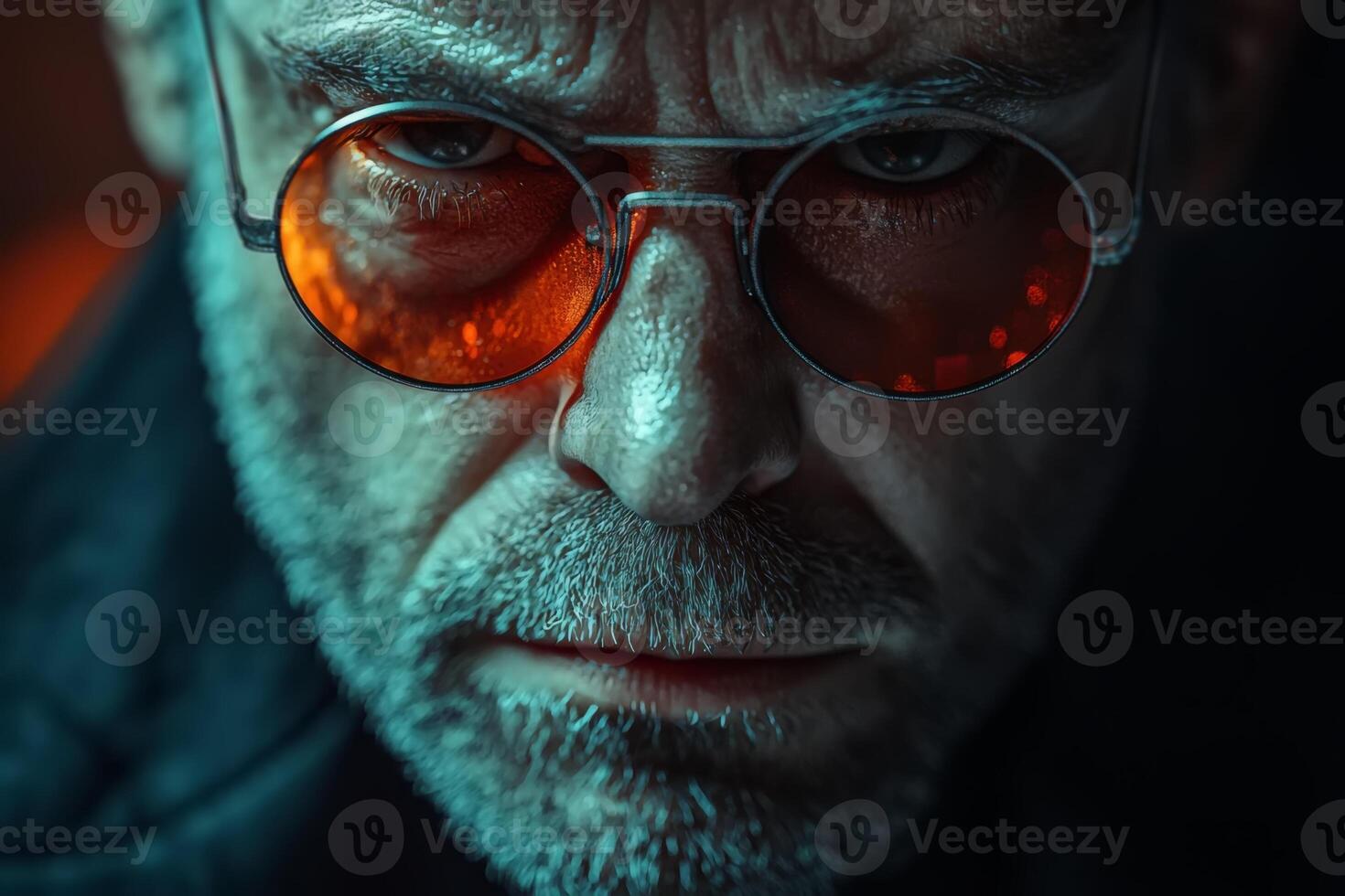 Intense close-up of a middle-aged man with glasses staring intently, showcasing emotion and depth, captured in a moody setting photo