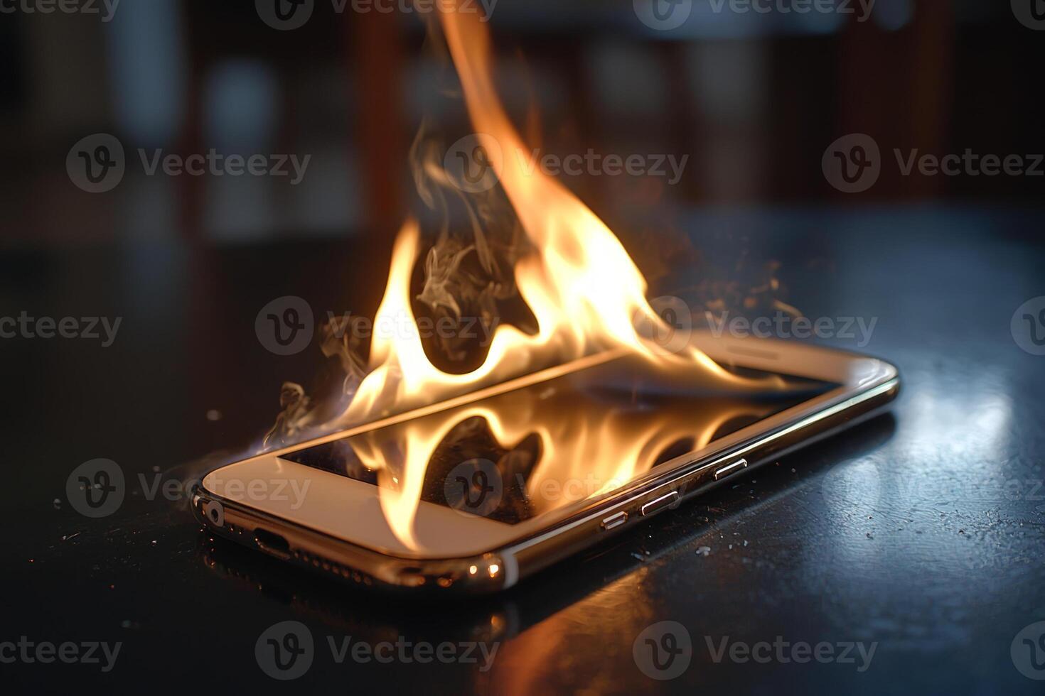 A smartphone ignites in flames on a dark table, showcasing a hazardous malfunction or battery issue in a home setting photo