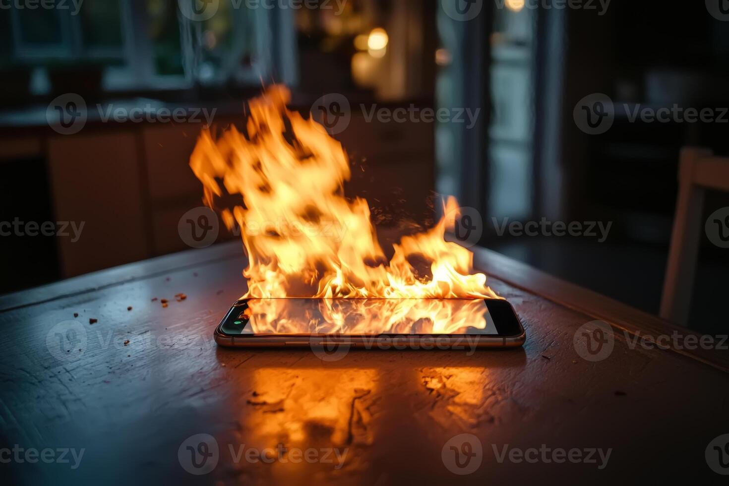 A smartphone engulfed in flames on a kitchen table at night, showcasing the dangers of device overheating photo