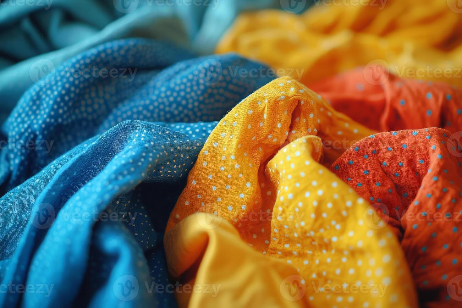 Vibrant textiles featuring blue, orange, yellow, and turquoise colors displayed in an artistic arrangement on a flat surface photo
