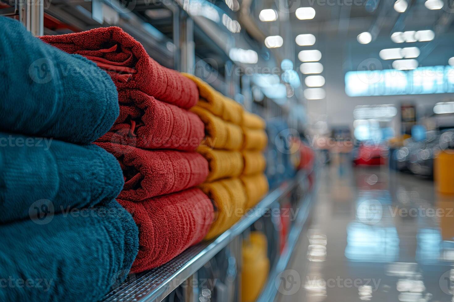 Colorful towels neatly arranged on shelves in a retail store showcasing vibrant home textiles during daytime shopping hours photo