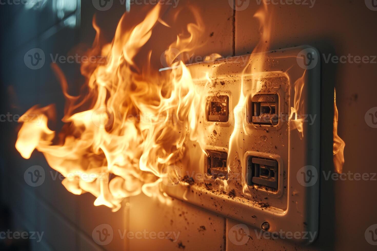 Electrical outlet engulfed in flames in a dimly lit room during a fire hazard incident photo
