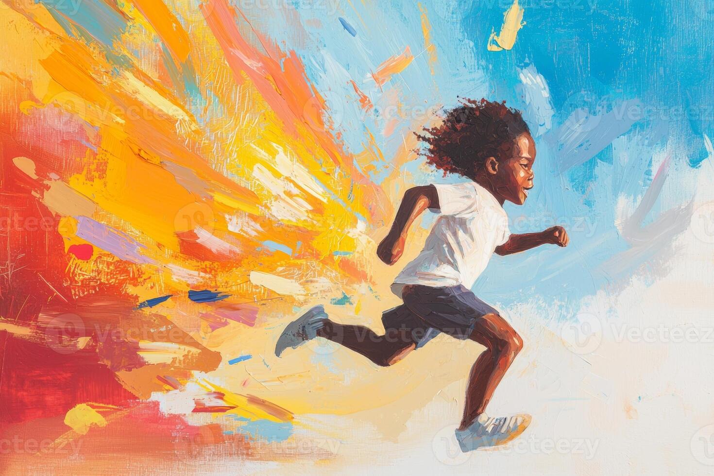 A child races forward with vibrant colors bursting around them, capturing the joy of movement and imagination in a sunny atmosphere photo