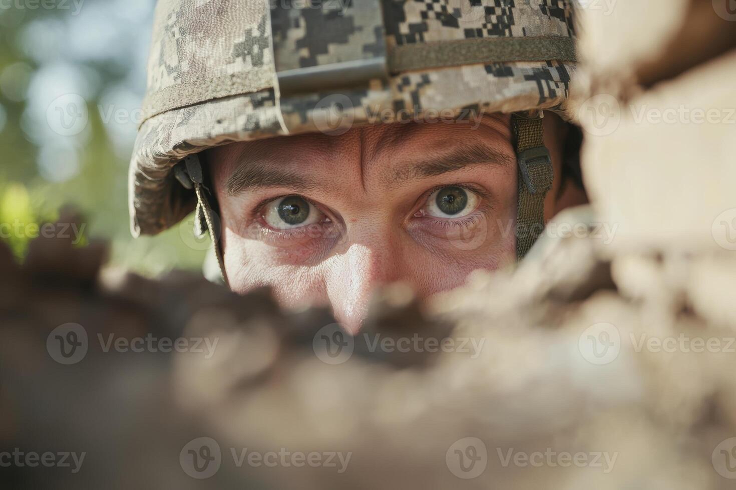 A soldier peeks through a barricade during military training exercise in a forested area in the afternoon light photo