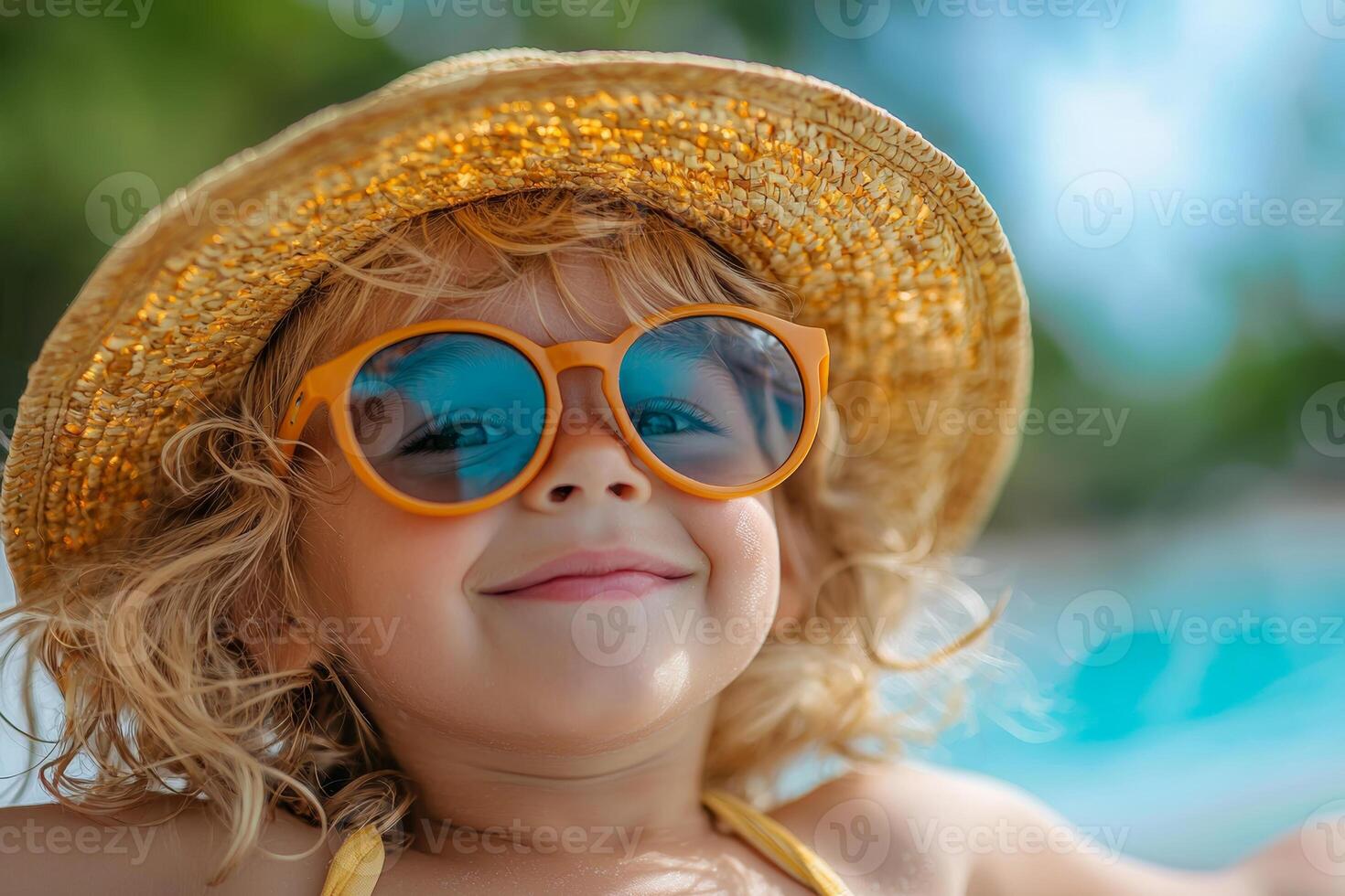 A cheerful child enjoys a sunny day by the pool wearing sunglasses and a straw hat, radiating joy and warmth in summer photo