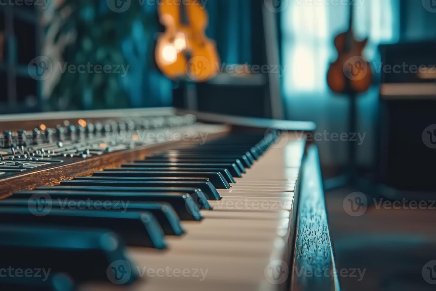 A close-up view of a vintage piano keyboard with guitars visible in a cozy music studio during daylight photo