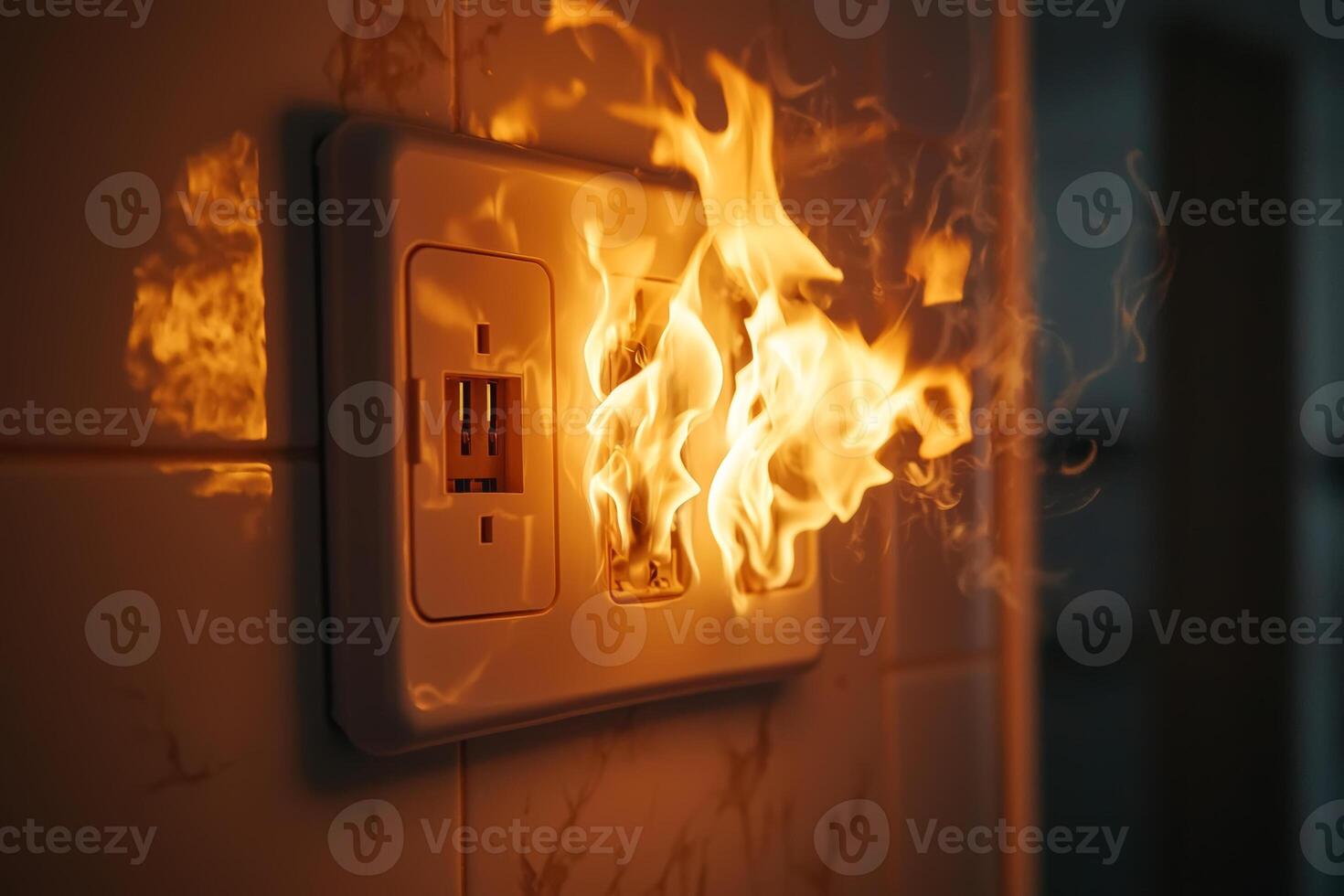 Electrical outlet igniting flames while mounted on a wall, creating a dangerous fire hazard in a dimly-lit room photo