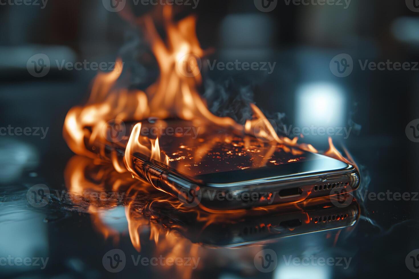 A smartphone bursts into flames, emitting bright fire and smoke while resting on a reflective surface. photo